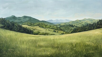 Obraz premium An acrylic illustration depicting a fresh, green meadow under a bright blue sky with scattered clouds. Hills and wildflowers dot the landscape, creating a serene and peaceful scene.