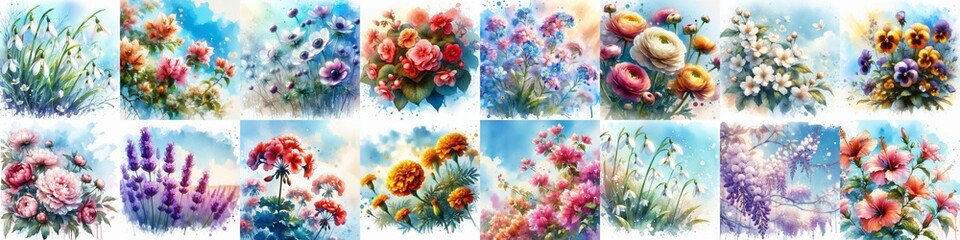 Flowers draw in watercolor splash style. AI generated illustration