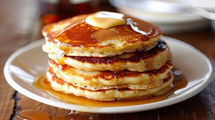 A stack of pancakes on a plate, they are watered down with honey, maple or caramel syrup. Breakfast concept. Illustration for cover, card, postcard, interior design, advertising, marketing, etc.