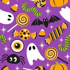 Halloween seamless pattern trick or treat. Cute little ghosts, pumpkins, sweets, lollipops and spiders on purple background