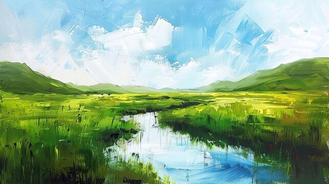 An acrylic illustration depicting a vibrant green meadow on a sunny day. The sky is filled with fluffy white clouds, and rolling hills and fields stretch into the distance.