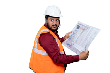Professional Civil Engineer Reviewing Detailed Blueprint Analyzing Project Floor Plan