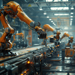 Designs featuring humanoid robots, industrial robots, and robotic arms in action, showcasing automation in various fields like manufacturing