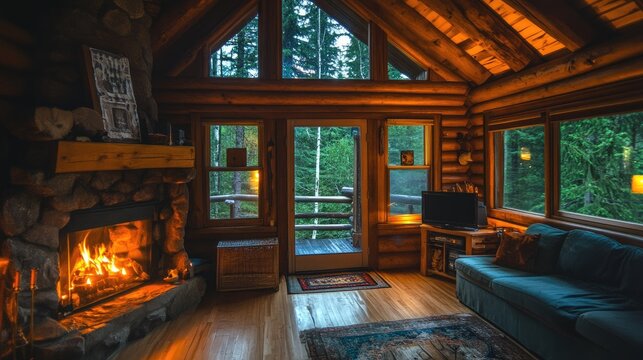 A cozy log cabin with a fireplace and forest views, space for text above