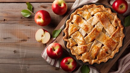 Freshly baked homemade charlotte is fragrant and fresh ripe apples lie next to it on a wooden table. A sweet confectionery product. Illustration for poster, cover, brochure or presentation.