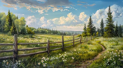Fototapeta premium An acrylic illustration depicting a fresh, green meadow under a bright blue sky with scattered clouds. Hills and wildflowers dot the landscape, creating a serene and peaceful scene.
