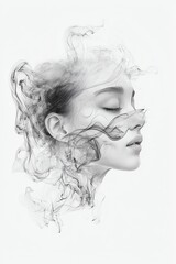 Fototapeta premium Abstract portrait of a woman with her face partially obscured by swirling smoke-like tendrils.
