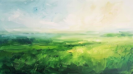 An acrylic illustration depicting a serene green meadow under the soft glow of the late afternoon sun, with long tree shadows stretching across the landscape.