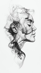 Fototapeta premium Abstract portrait of a woman with smoke-like hair. The woman's face is serene and her eyes are closed. The image is in black and white.