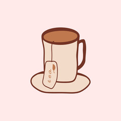 A cozy cup of tea with a tea bag tag on a saucer against a soft pink background