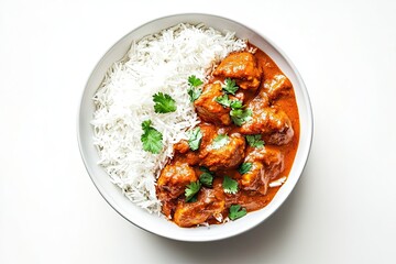 Chicken tikka masala with basmati rice isolated on a white, top view