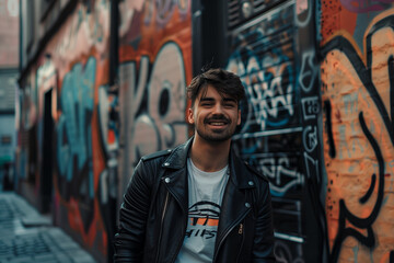 Obraz premium a young man with a confident smile, standing casually in an urban alleyway with vibrant graffiti on the walls, wearing a stylish leather jacket