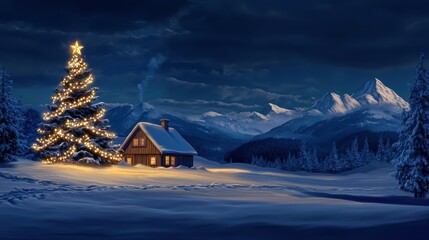 Fototapeta premium A Cozy Christmas Cottage: Snow-Covered Lit Xmas Tree and Twinkling Lights Illuminate a Serene Winter Evening Landscape 