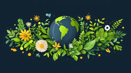 Lush Earth Surrounded by Vibrant Greenery and Eco-Friendly Icons, Representing Sustainability and Nature's Beauty - An Inspiring Visual Narrative for