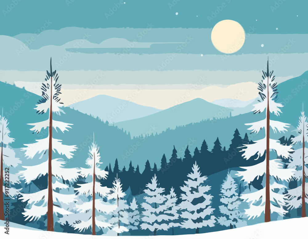 Wall mural pine trees. trunks of fir and spruce. snow frosty landscape. beautiful forest panorama. illustration