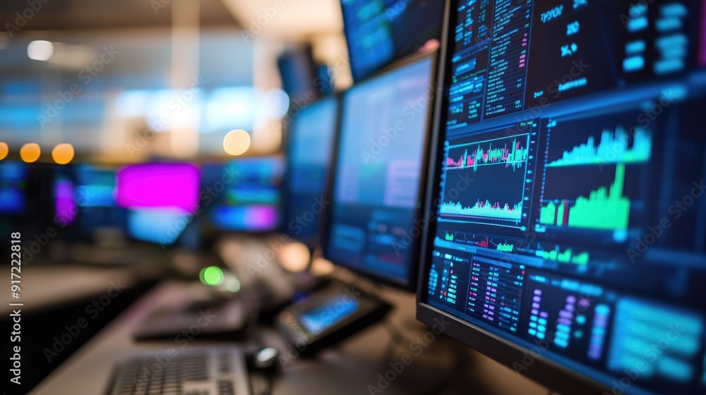 Poster a close-up of a trader's desk with multiple screens showing real-time market data, the background so