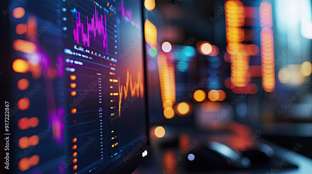 Poster a close-up of a trader's desk with multiple screens showing real-time market data, the background so
