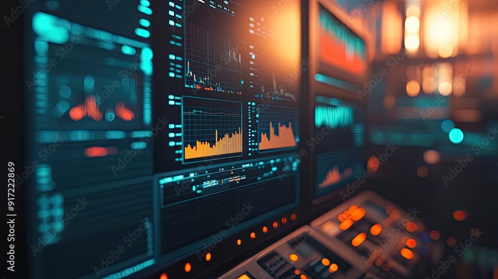 Poster a close-up of a trader's desk with multiple screens showing real-time market data, the background so