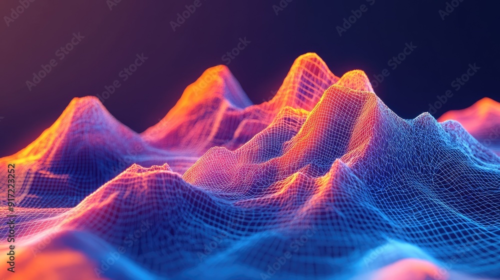 Fototapete a colorful wireframe mountain scene with sharp foreground detail and a blurred background, creating 