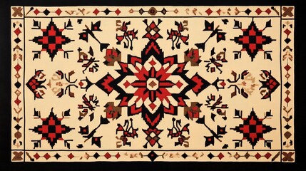 An intricate traditional embroidery pattern featuring geometric designs with a symmetrical layout. The pattern is composed of bold colors: red, black, and brown