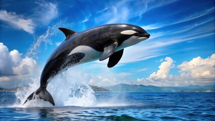 Obraz premium Killer whale jumping out of the water in a dynamic leap, orca, whale, ocean, wildlife, marine life, predator, jumping