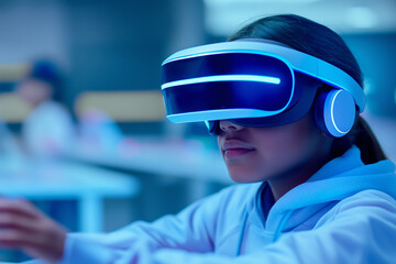 A futuristic classroom where students use AR and VR tools to engage in immersive learning experience