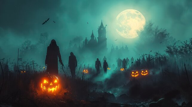 Halloween Zombie Skeleton With Pumpkin At Night With Full Moon, Halloween background with Evil Pumpkin, Holiday halloween banner background