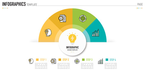 Semi circular infographic business template or element as a vector including 4 step, process, with colorful rectangle and icons on white background for slide or presentation, simple, modern, minimal