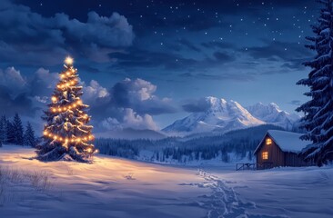 Fototapeta premium A lit Christmas tree stands near a snow-covered cabin in a serene winter landscape during dusk, evoking holiday warmth. 