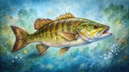 Fototapeta premium Smallmouth bass with watercolor effect on background, watercolor, smallmouth bass, fish, aquatic, underwater, artwork