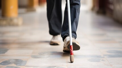 Close-Up Of White Cane In Use. Blind Person Cane walking