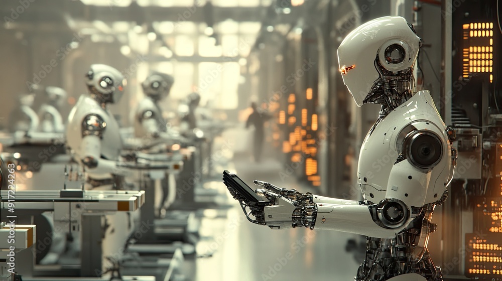 Poster a factory scene showing humans and robots in synchronized tasks, with advanced equipment and a clear
