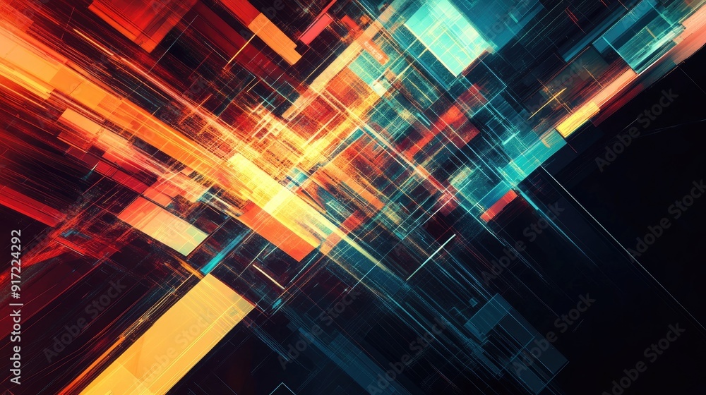 Poster a dynamic abstract design with geometric shapes and bright lines, representing the intersection of t