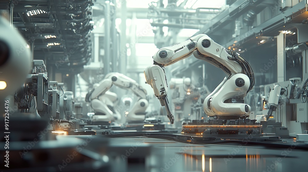 Poster a futuristic factory floor with robots and humans working together in harmony, symbolizing advanced 