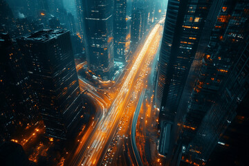 Fototapeta premium Landscape view of long exposure civilization highway in town, Traffic light on road with tall building in downtown. 