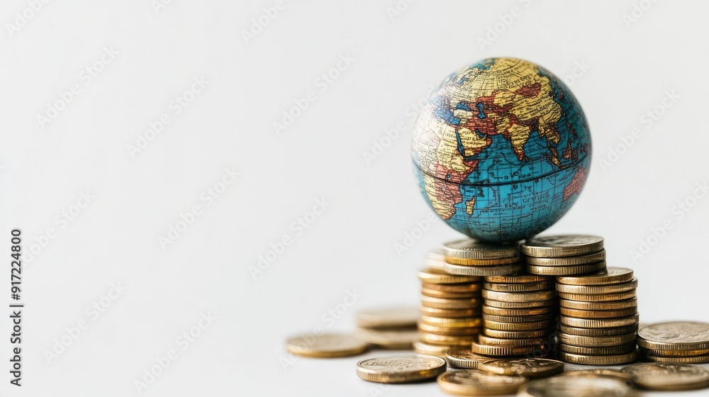 Poster a globe placed on a stack of coins, with additional coins being added to the stack. the background i