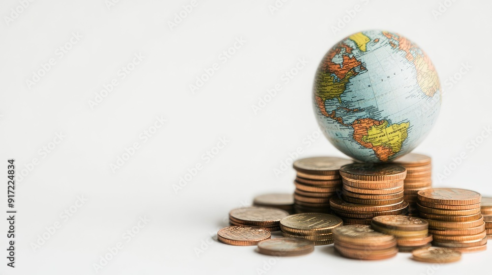 Poster a globe placed on a stack of coins, with additional coins being added to the stack. the background i