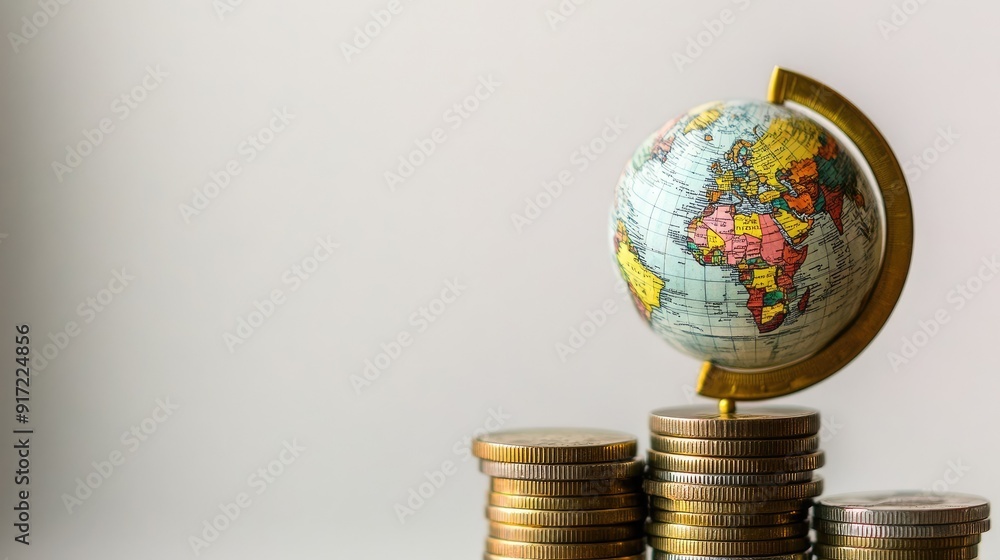 Poster a globe placed on a stack of coins, with additional coins being added to the stack. the background i