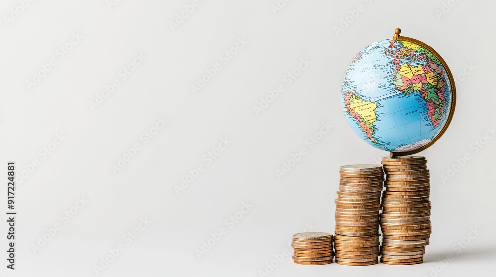 Poster a globe placed on a stack of coins, with additional coins being added to the stack. the background i