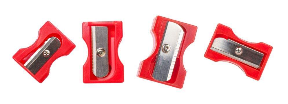 Colorful red pencil sharpeners arranged creatively on a white background, ideal for school and office supplies visual.