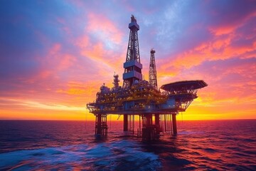 Offshore oil rig at sunset over the ocean