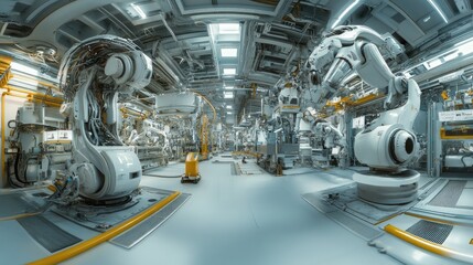 A panoramic view of a futuristic factory where robots assist humans in manufacturing, with a clean and organized floor. The background is ideal for adding text.