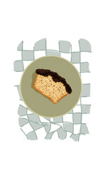 Illustration of cake with chocolate topping on a plate and tablecloth