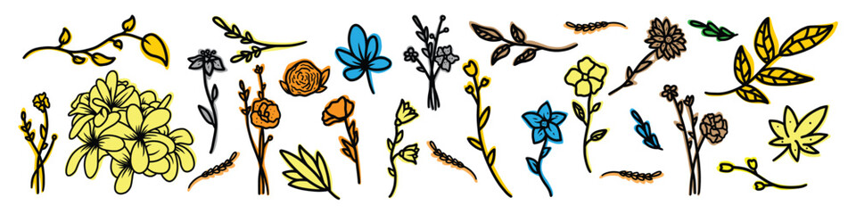 floral decorated with gorgeous multicolored blooming flowers and leaves border. Spring botanical flat vector illustration 