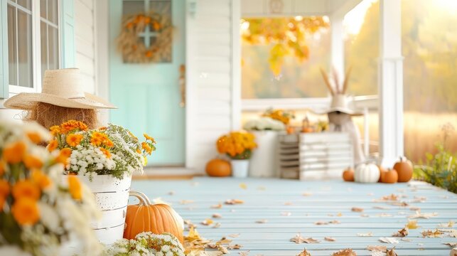 A cozy front porch decorated with scarecrow accessories, colorful fall-themed invitations, and a scarecrow centerpiece