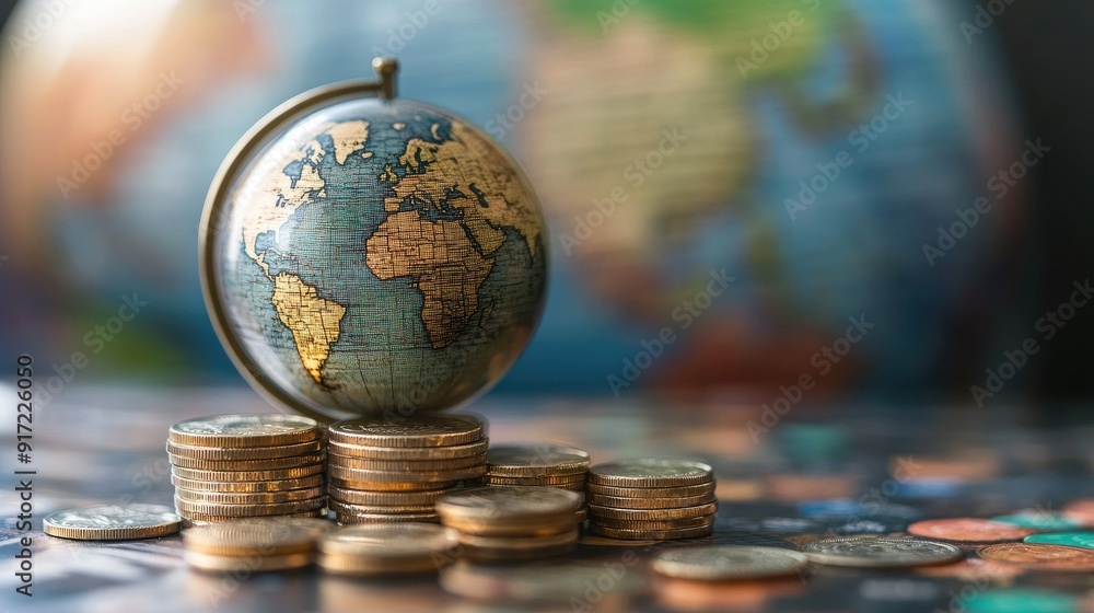 Poster a spinning globe in the background with a stack of coins in the foreground, symbolizing global finan