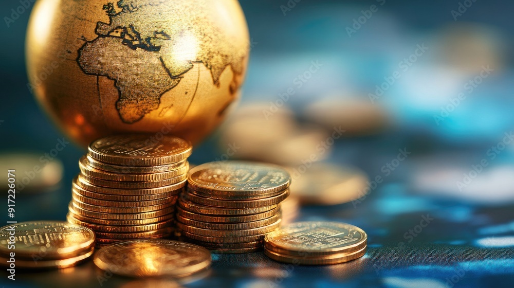 Poster a spinning globe in the background with a stack of coins in the foreground, symbolizing global finan