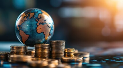A spinning globe in the background with a stack of coins in the foreground, symbolizing global financial growth. The upper portion of the image is empty for text.