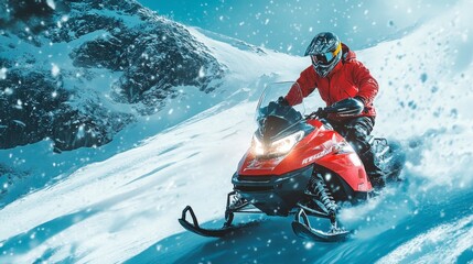 A thrilling snowmobile adventure through snowy mountains.