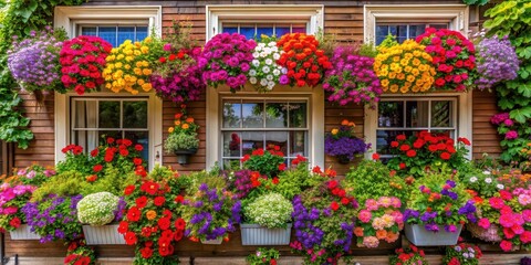 Obraz premium House adorned with colorful flowers in bloom, with window boxes overflowing with petals and greenery, home, flowers